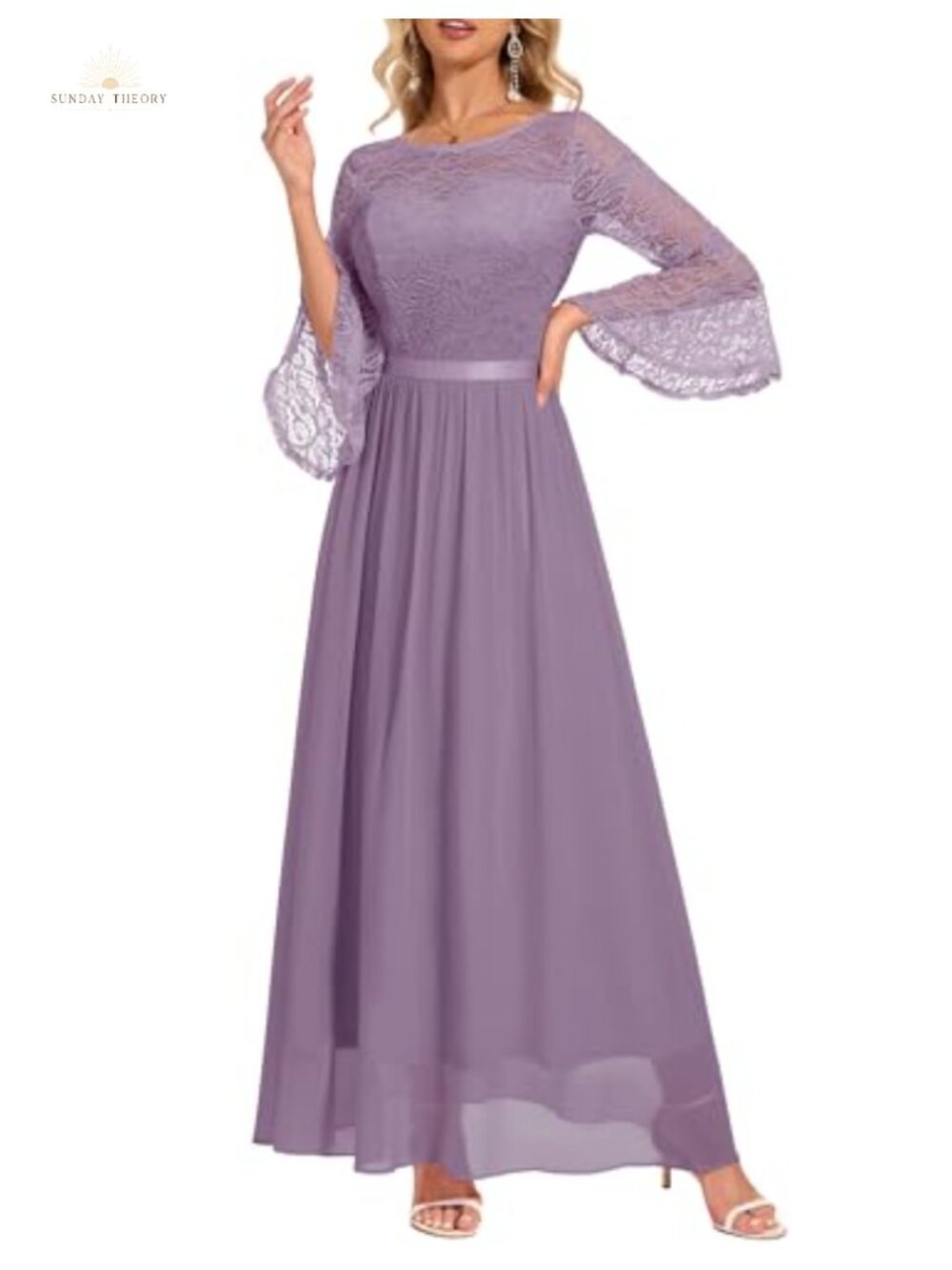 Lace Chiffon Formal Maxi Dress Bell Sleeve Empire Waist Wedding Guest